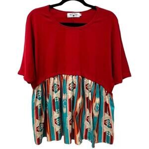 Crazy Train Red & Turquoise Tribal Print Oversized Boho WesternTop - Size M